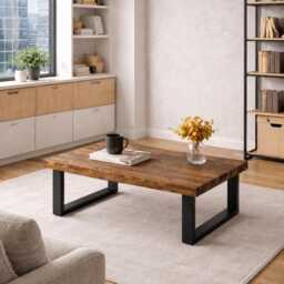 Solid Wood Coffee Table - Chunky Rustic Industrial Design, Trapezium Legs - thumbnail 2