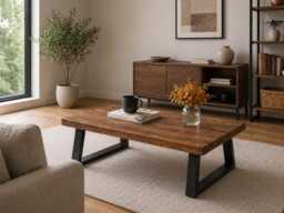 Solid Wood Coffee Table - Chunky Rustic Industrial Design, Trapezium Legs - thumbnail 1