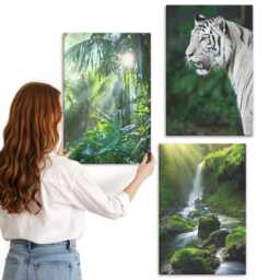 3 Piece Canvas Set - Jungle With A White Tiger & Wild Waterfall, Green Wall Art Print, Animals Hanging - thumbnail 3