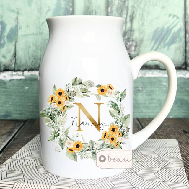 Personalised Name Nanna Nanny Mum Auntie Grandma Mama Home Sunflower Floral Ceramic Small Vase Jug Mug Birthday Gift - image 1