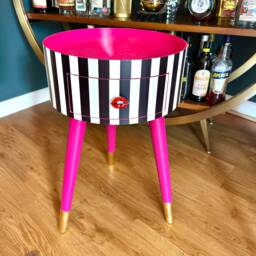 Black & White Striped Bedside Table. Hot Pink Top Legs, Stripe Nightstand, Colourful End Table , Taller Legs - thumbnail 1