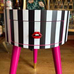 Black & White Striped Bedside Table. Hot Pink Top Legs, Stripe Nightstand, Colourful End Table , Taller Legs - thumbnail 3