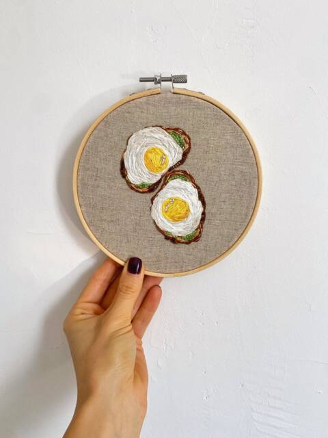 Avocado Toast With Egg Embroidery Hoop Art, Breakfast Wall Hanging Decor, Embroidered Food Art Kitchen - image 1