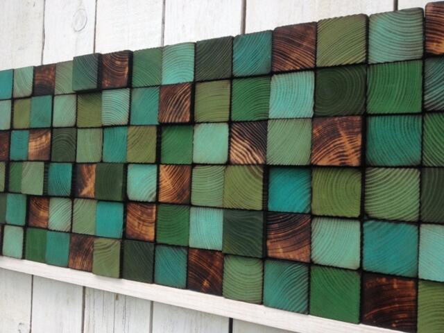Reclaimed Wood Wall Art - Green & Turquoise Mosaic Sculpture - image 1