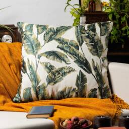 Banana Leaf Woven Extra-Large Cushion Cover. Exotic Jungle Leaves Design On A Natural Hessian Background. 23X23 - thumbnail 3