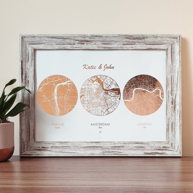 A4 Met Engaged Married Foil Map Print, Custom Multi Location Wedding Anniversary Personalised Print in Copper, Gold, Silver Or Rose Gold - image 1