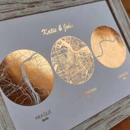 A4 Met Engaged Married Foil Map Print, Custom Multi Location Wedding Anniversary Personalised Print in Copper, Gold, Silver Or Rose Gold - thumbnail 2
