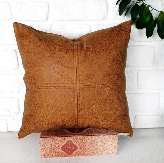 Camel Vegan Leather Pillow Cover Modern Decorative Stitched Cushion - image 1