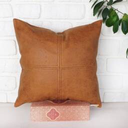 Camel Vegan Leather Pillow Cover Modern Decorative Stitched Cushion - thumbnail 2