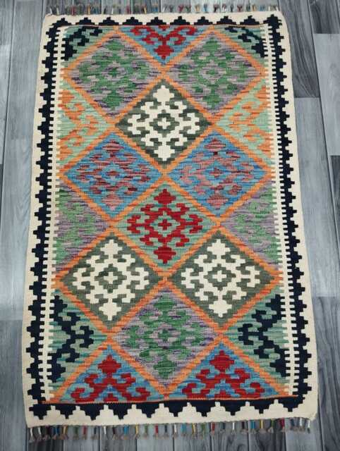 Tribal Vintage Rug, Handmade Artisan Afghan Turkish Scandinavian Navajo Bohemian Antique Style Flatweave Natural Wool Kilim Rug 126x82 cm - image 1