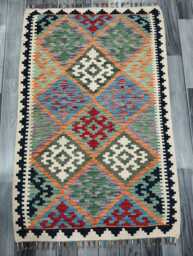 Tribal Vintage Rug, Handmade Artisan Afghan Turkish Scandinavian Navajo Bohemian Antique Style Flatweave Natural Wool Kilim Rug 126x82 cm - thumbnail 1
