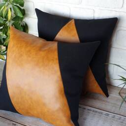 Color Block Faux Leather Pillow Cover Set Camel & Black - 16x16'' - thumbnail 2