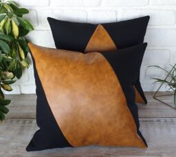 Color Block Faux Leather Pillow Cover Set Camel & Black - 16x16''