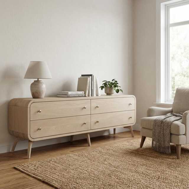 Solid Wood Sideboard in Whitened Oak, Tv Console Table With 4 Drawers, Media Console, Low Dresser Art Deco Record Storage Handmade Furniture - image 1