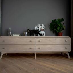 Solid Wood Sideboard in Whitened Oak, Tv Console Table With 4 Drawers, Media Console, Low Dresser Art Deco Record Storage Handmade Furniture - thumbnail 2