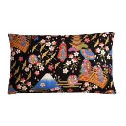 Japanese Geisha Cushion Black Crane & Floral Lumbar Pillow Cover With Metallic Gold Accents 12x20