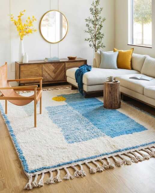 Blue & Ivory Geometric Moroccan Rug With Yellow Sun Motif - Large 8x10 Shag Handmade Berber Wool Carpet For Cozy Interiors - image 1