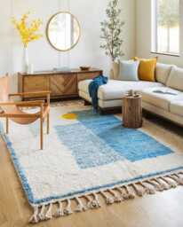 Blue & Ivory Geometric Moroccan Rug With Yellow Sun Motif - Large 8x10 Shag Handmade Berber Wool Carpet For Cozy Interiors - thumbnail 1