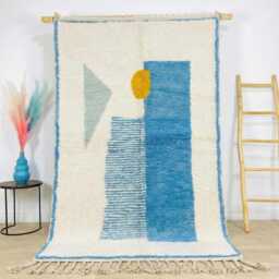 Blue & Ivory Geometric Moroccan Rug With Yellow Sun Motif - Large 8x10 Shag Handmade Berber Wool Carpet For Cozy Interiors - thumbnail 2