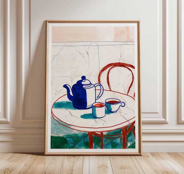 Tea Table Art Print, Minimalist Still Life, Modern Cafe Wall Art, Blue & Red Kitchen Poster, Contemporary Home Decor - image 1