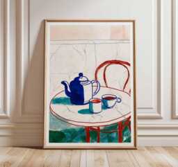 Tea Table Art Print, Minimalist Still Life, Modern Cafe Wall Art, Blue & Red Kitchen Poster, Contemporary Home Decor - thumbnail 1