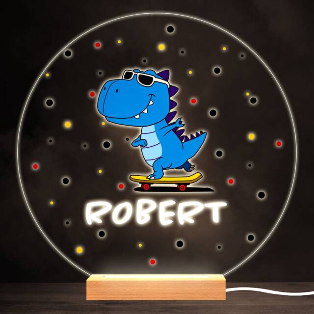 Dinosaur Dino Skateboard Colourful Round Personalised Gift Led Lamp Night Light - Bedroom - image 1