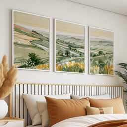Green Countryside Landscape Trio, Neutral Farmhouse Wall Art Set - thumbnail 3
