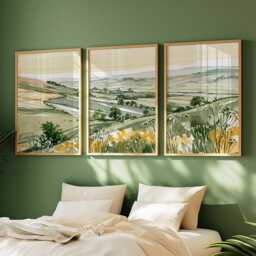 Green Countryside Landscape Trio, Neutral Farmhouse Wall Art Set - thumbnail 2