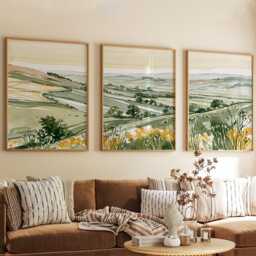 Green Countryside Landscape Trio, Neutral Farmhouse Wall Art Set - thumbnail 4