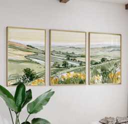 Green Countryside Landscape Trio, Neutral Farmhouse Wall Art Set