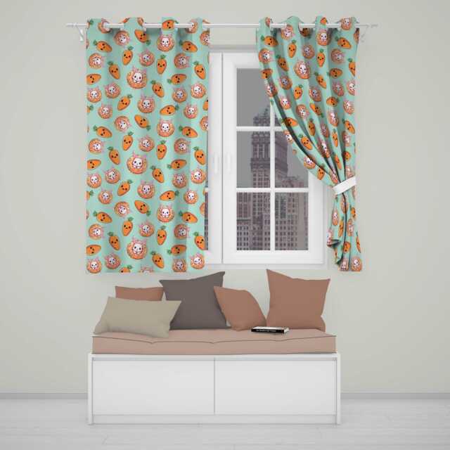Cute Kawaii Bunny With Carrot Donut Seamless Pattern Mint Background Readymade Eyelet Ring Top Thermal 100% Blackout Curtains - image 1
