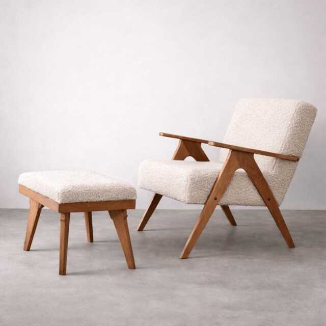 Boucle Armchair & Ottoman Set, Mid Century, Sherpa Fabric, Handmade - image 1