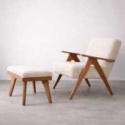 Boucle Armchair & Ottoman Set, Mid Century, Sherpa Fabric, Handmade - thumbnail 1