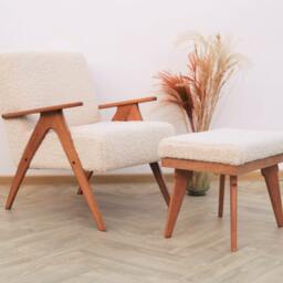 Boucle Armchair & Ottoman Set, Mid Century, Sherpa Fabric, Handmade - thumbnail 3