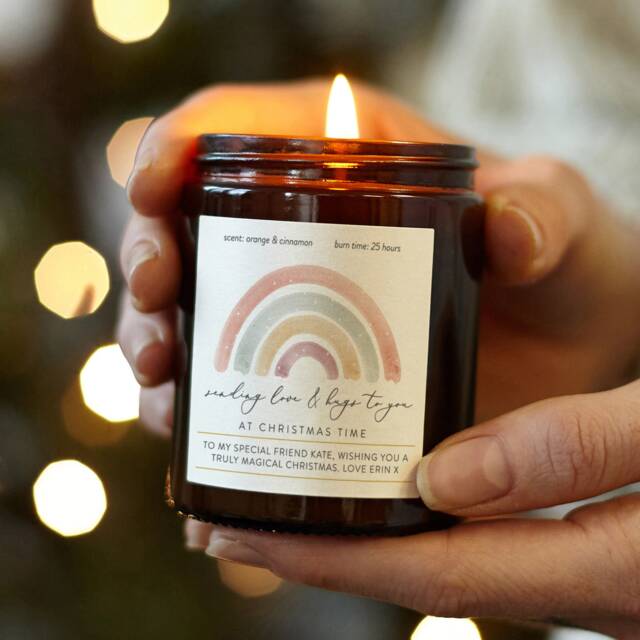 Personalised Christmas Candle Love & Hugs, Soy Wax, Rainbow Design - image 1