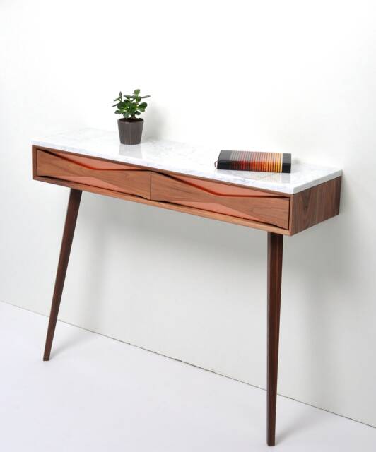 Walnut Hallway Console Table, Marble Top, Copper Drawers, Mid-Century Modern - image 1