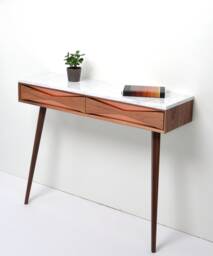 Walnut Hallway Console Table, Marble Top, Copper Drawers, Mid-Century Modern