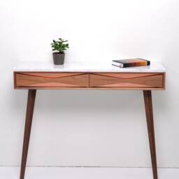Walnut Hallway Console Table, Marble Top, Copper Drawers, Mid-Century Modern - thumbnail 2