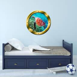 Sea Turtle Window Porthole Coral Reef Vinyl Wall Decal - Vwaq Gp31 - thumbnail 1