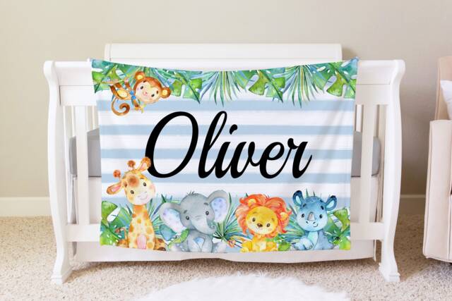 Safari Blanket, Personalized Baby Blanket Gift, Toddler Jungle Nursery Decor, Birthday Theme, Elephant Giraffe - image 1