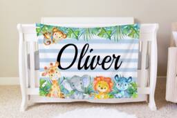 Safari Blanket, Personalized Baby Blanket Gift, Toddler Jungle Nursery Decor, Birthday Theme, Elephant Giraffe - thumbnail 1
