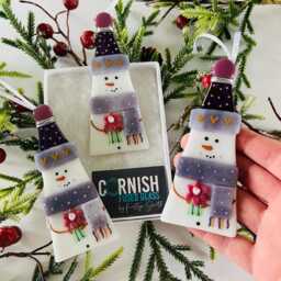 Unique Fused Glass Snowman Christmas Tree Decoration, Snowman Cornish Fused Glass - thumbnail 3
