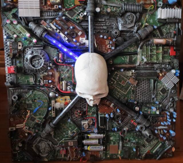 Wall Panel Art Cyborg Skull With Electronics & Flowing Leds - image 1