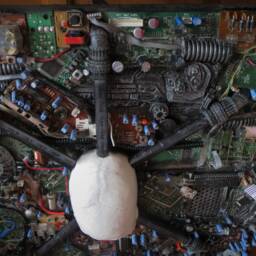 Wall Panel Art Cyborg Skull With Electronics & Flowing Leds - thumbnail 3