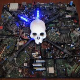 Wall Panel Art Cyborg Skull With Electronics & Flowing Leds - thumbnail 2