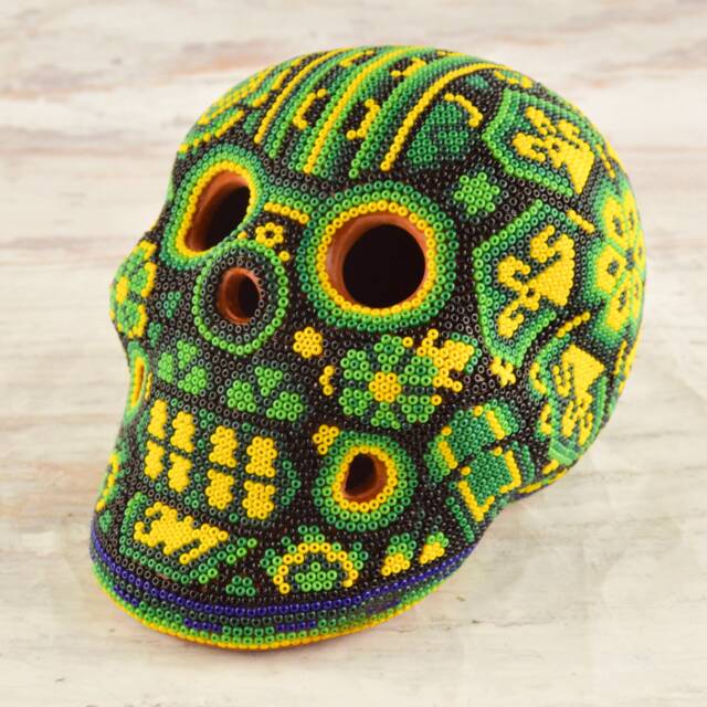 Huichol Beaded Skull Sculpture - Hand Carved Copal Wood Alebrije, Mexican Folk Art Decor - image 1