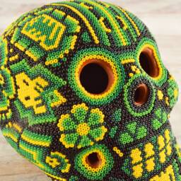 Huichol Beaded Skull Sculpture - Hand Carved Copal Wood Alebrije, Mexican Folk Art Decor - thumbnail 4