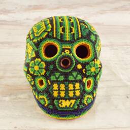 Huichol Beaded Skull Sculpture - Hand Carved Copal Wood Alebrije, Mexican Folk Art Decor - thumbnail 2