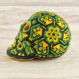 Huichol Beaded Skull Sculpture - Hand Carved Copal Wood Alebrije, Mexican Folk Art Decor - thumbnail 3