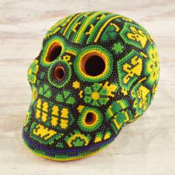 Huichol Beaded Skull Sculpture - Hand Carved Copal Wood Alebrije, Mexican Folk Art Decor - thumbnail 1